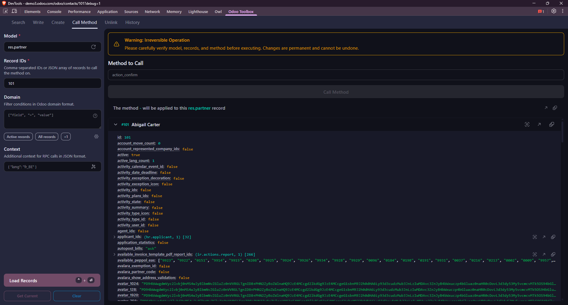 Panneau DevTools - Appel de méthode