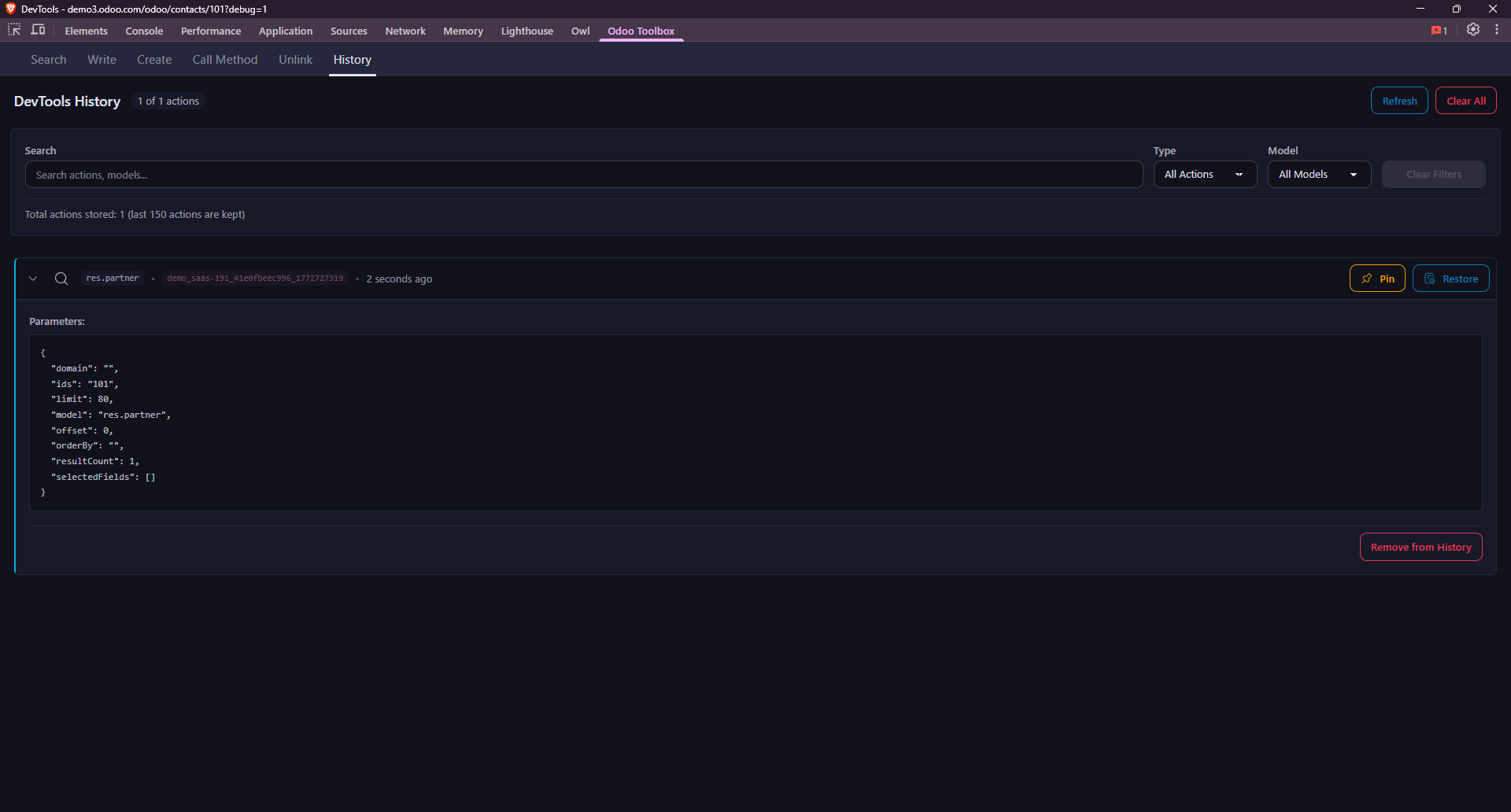 Panneau DevTools - Onglet Historique