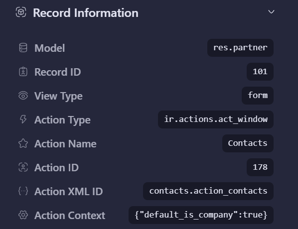 Technical Sidebar - informazioni sul record