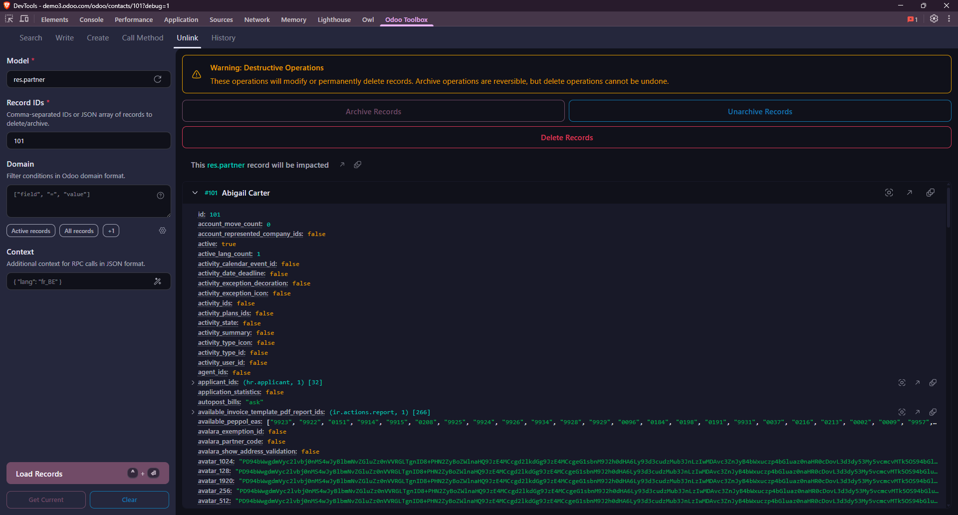 Pannello DevTools - Delete & Archive